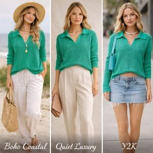 GAP Open Knit Green Polo Sweater Coastal Boho Y2K  100Cotton Layering Top size M